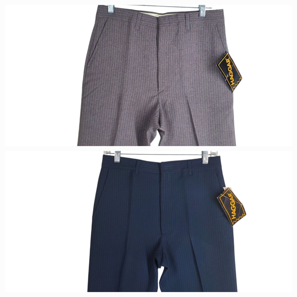 Vtg 80s Haggar Dress Slacks Pants Mens 31x33 Blue Beige Pinstripe Dacron Lot 2